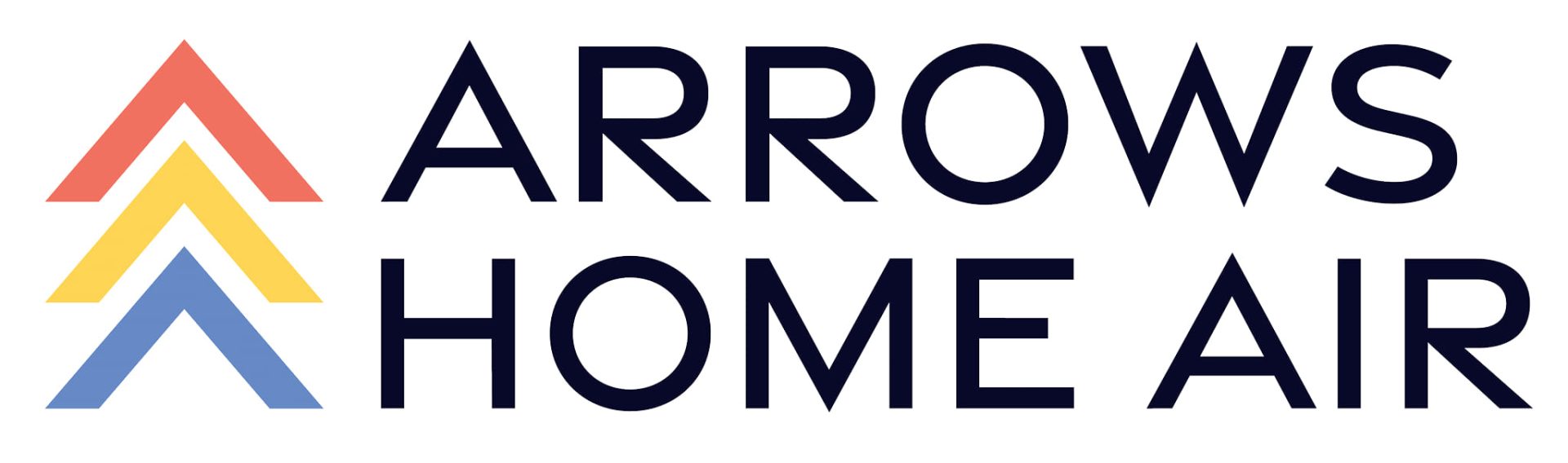 Arrows Home Air Logo - three arrows to the left in blue, yellow, and light orange - with arrows home air on two lines to the right in black all cap letters