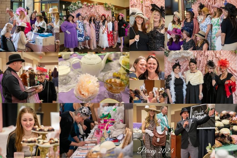 Collage of photos from the Percey 2024 event - English Tea Party - fancy dress, hats, and fun!